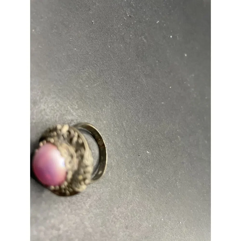 Vtg 925 Sterling Silver Pink Mabe Pearl Cabochon Solitaire Filigree Ring Size 10